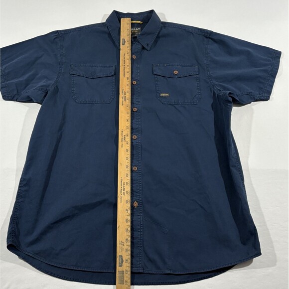 Ariat Mens Navy Rebar Washed Twill S/S Button Cotton Work Shirt Pocket Sz XL - Picture 4 of 14